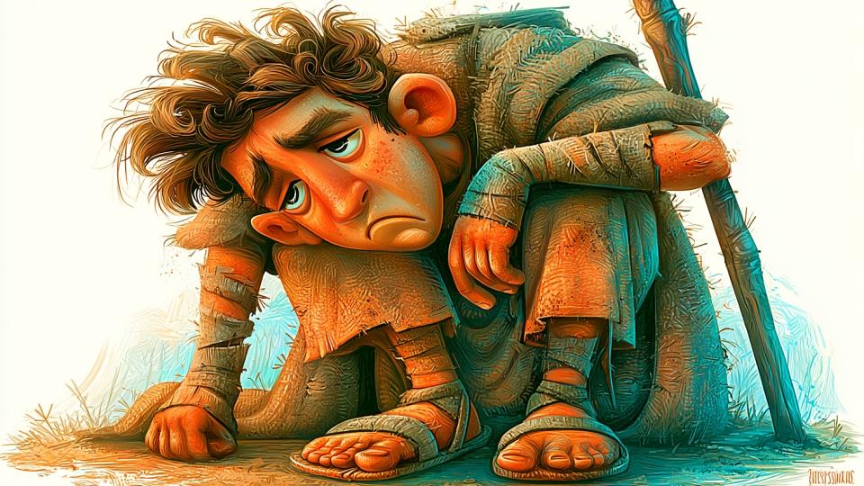 Ilustración del joven David de pie, cansado y cabizbajo, con los hombros caídos, apoyado en su cayado de pastor, representando el clamor del Salmo 13: «¿Hasta cuándo, Jehová? ¿Me olvidarás para siempre?»