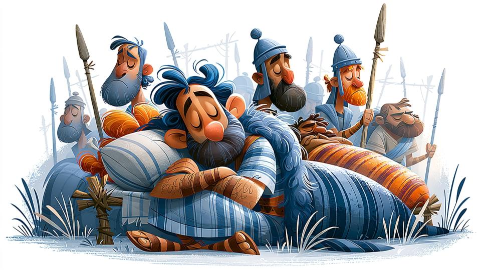 Ilustración del rey David descansando en paz, rodeado de enemigos armados con lanzas, representando la confianza del Salmo 3 en la protección de Dios aun rodeado de muchos enemigos.
