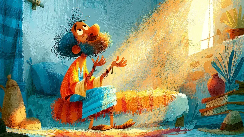 Illustration du roi David levant les mains en prière à l’aube, tandis qu’un rayon de lumière matinale entre par sa fenêtre, représentant la supplication du Psaume 5 : « Le matin tu entends ma voix ».
