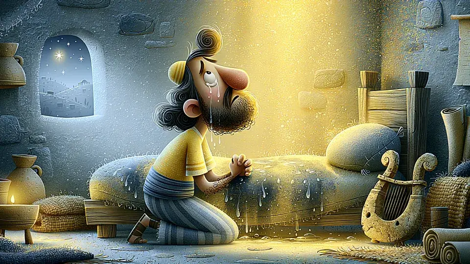 Illustration of King David kneeling in tearful prayer beside his bed at night in a humble stone room, illustrating Psalm 6's cry, 'I am weary with my moaning; all night I flood my bed with tears.'