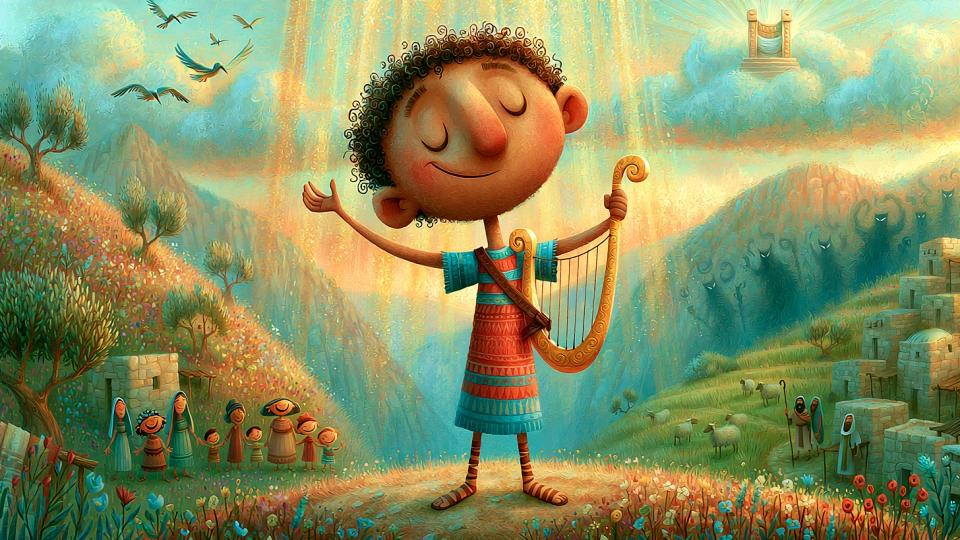 Ilustración del joven rey David de pie triunfante en una colina soleada, tocando alegremente un arpa dorada y cantando alabanzas, representando la declaración del Salmo 9: «Te alabaré, oh Jehová, con todo mi corazón».